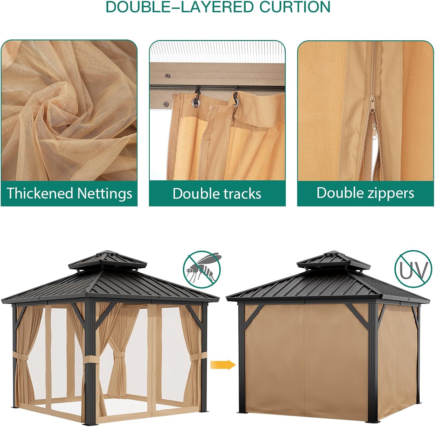Garvee 10x12 ft Hardtop Gazebo, Outdoor Heavy Duty Galvanized Aluminum Framed Double Roof Pavilion with Netting and Curtains, Waterproof Metal Roof Gazebo for Backyard, Patio, Deck and Poolside, Grey