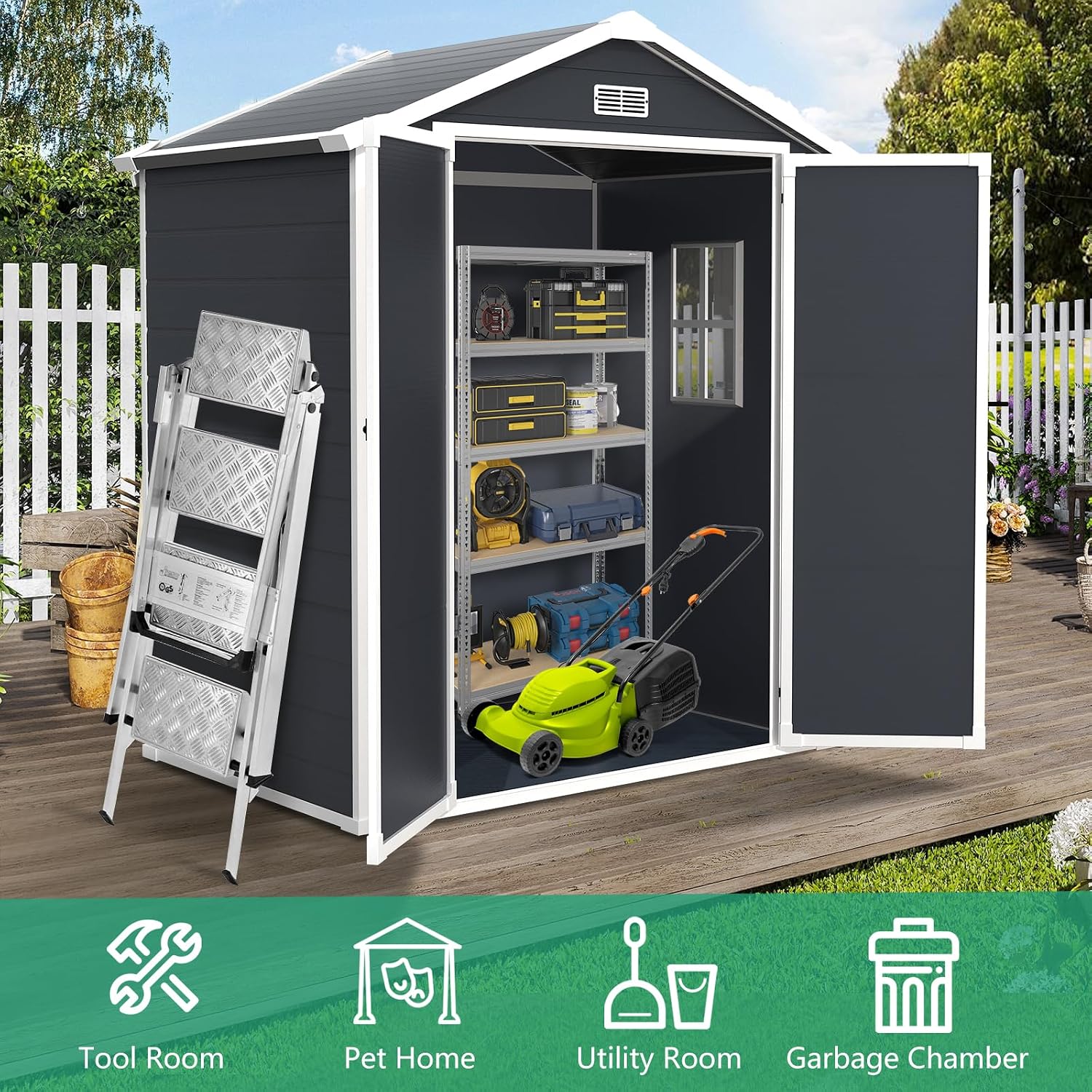 Seizeen 6x4.4ft Resin Shed with Floor, Waterproof Outdoor Plastic Shed w/Lockable Doors, Window & Vents, Outdoor Storage Shed for Storing Lawn Mower, Patio Furniture, Tools, Bike (Dark Gray)