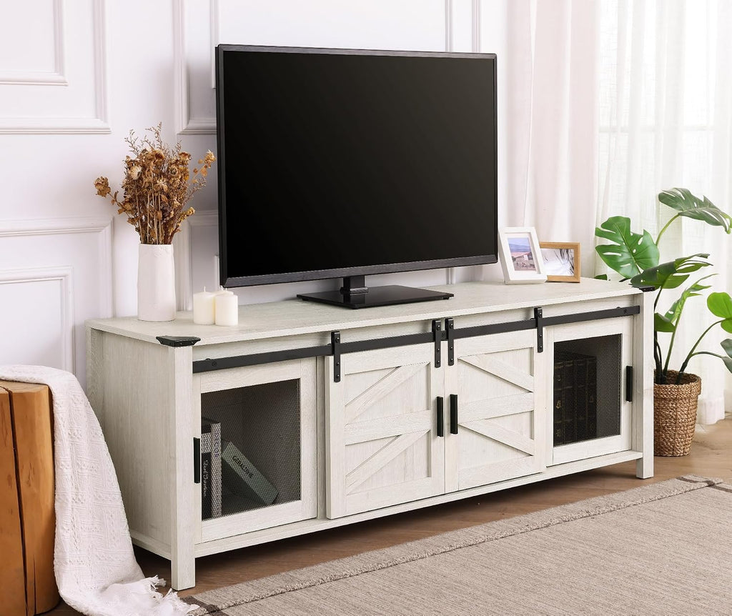 WAMPAT 70' Farmhouse TV Stand with Mesh Doors, Entertainment Center for 75' TV, Adjustable Shelves, 2 Storage Cabinets, Console Table for Living Room, Antique White