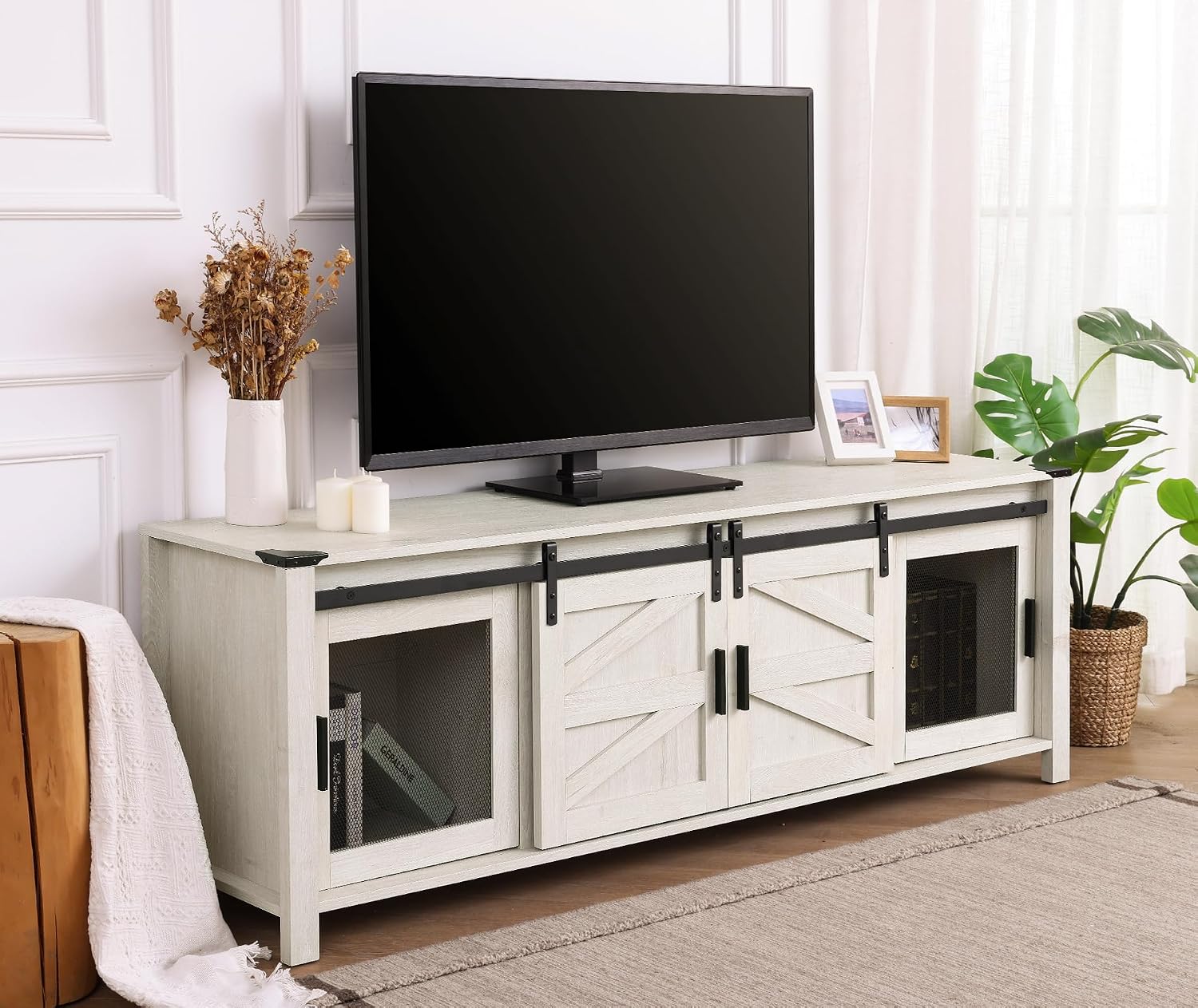 WAMPAT 70' Farmhouse TV Stand with Mesh Doors, Entertainment Center for 75' TV, Adjustable Shelves, 2 Storage Cabinets, Console Table for Living Room, Antique White