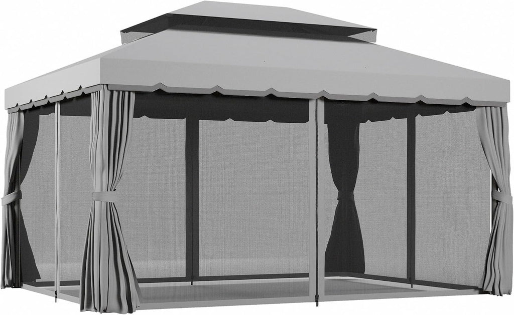 Outsunny 10' x 13' Patio Gazebo, Outdoor Gazebo Canopy Shelter with Netting and Curtains, Aluminum Frame for Garden, Lawn, Backyard and Deck, Gray