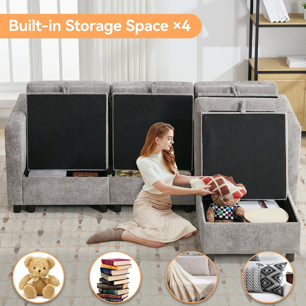 WUTUTUEE 83' Modular Sectional Sofa Convertible L Shaped Couch Set for Living Room, 4 Seat Storage Modular Sofa with Movable Ottoman, Chenille(Light Grey)