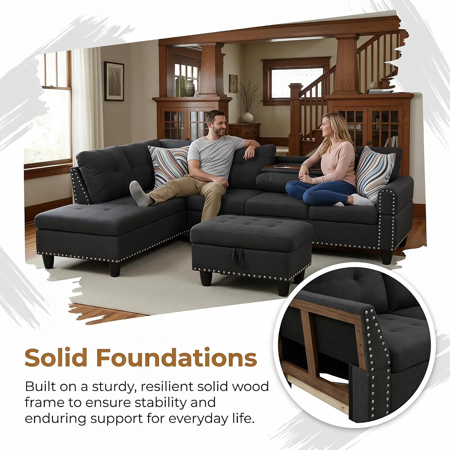 97.5' L Shaped Couch Set Linen, Modular Sectional Couches for Living Room with Storage Ottoman, 4 Seat Home Sofa Living Room Furniture Sets with Chaise for Apartment Office (Black Grey)