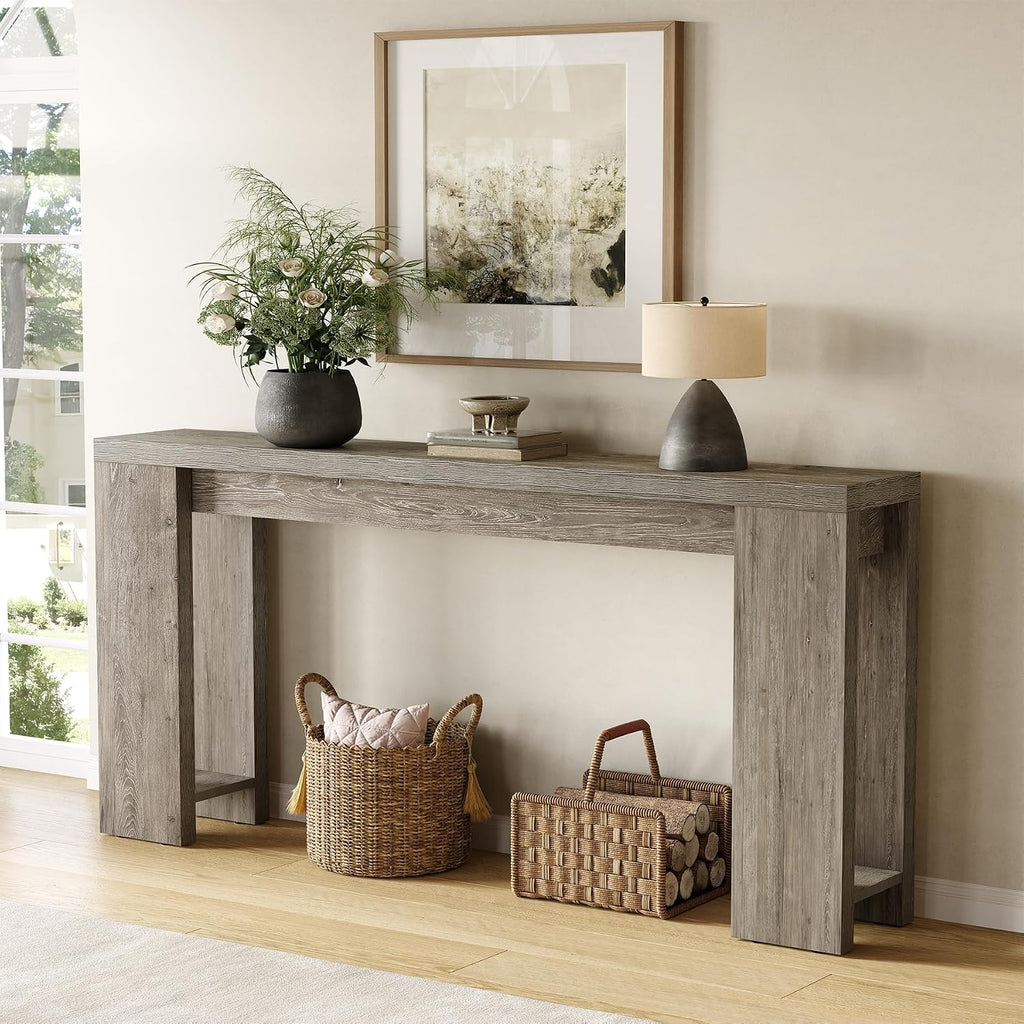 LITTLE TREE 70.9-Inch Long Entryway Table, Farmhouse Sofa Console Table for Living Room, Entryway, Hallway, Grey