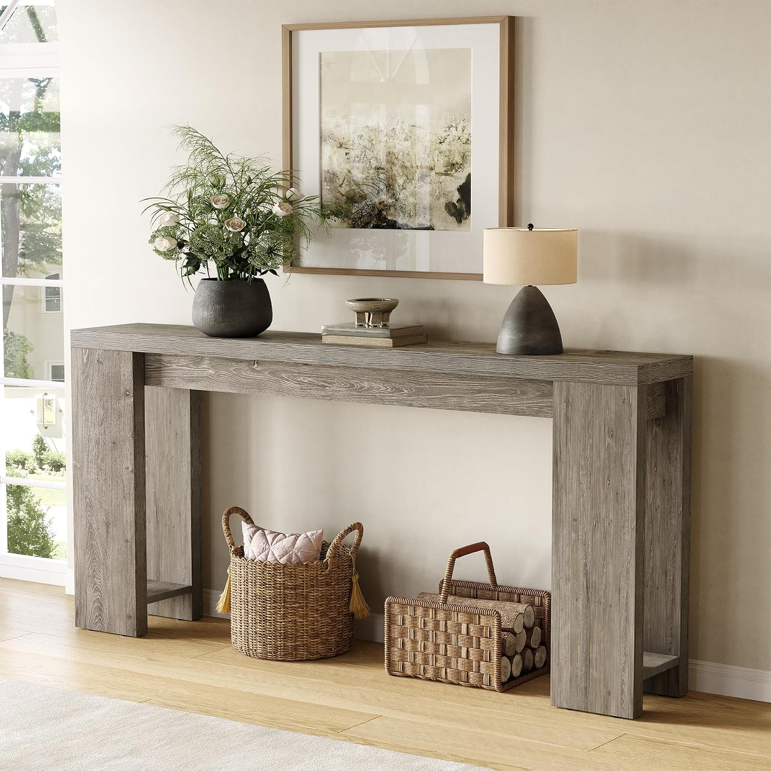 LITTLE TREE 70.9-Inch Long Entryway Table, Farmhouse Sofa Console Table for Living Room, Entryway, Hallway, Grey