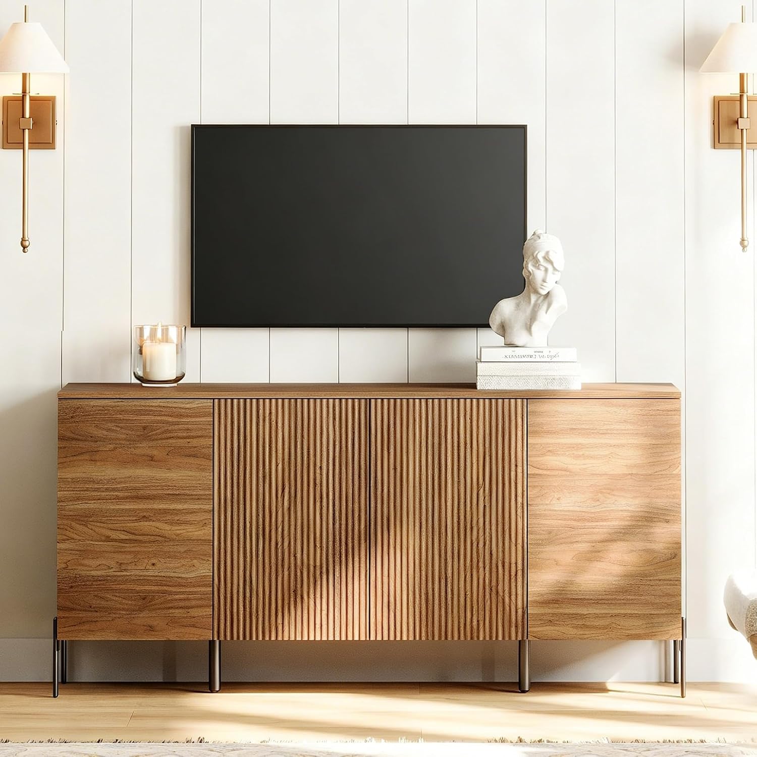 WAMPAT 61.6' TV Stand Cabinets for TVs up to 70 Inches, Entertainment Center with Storage Cabinets and 4 Doors, Mid Century Modern Media TV Console Table for Living Room Bedroom, Brown