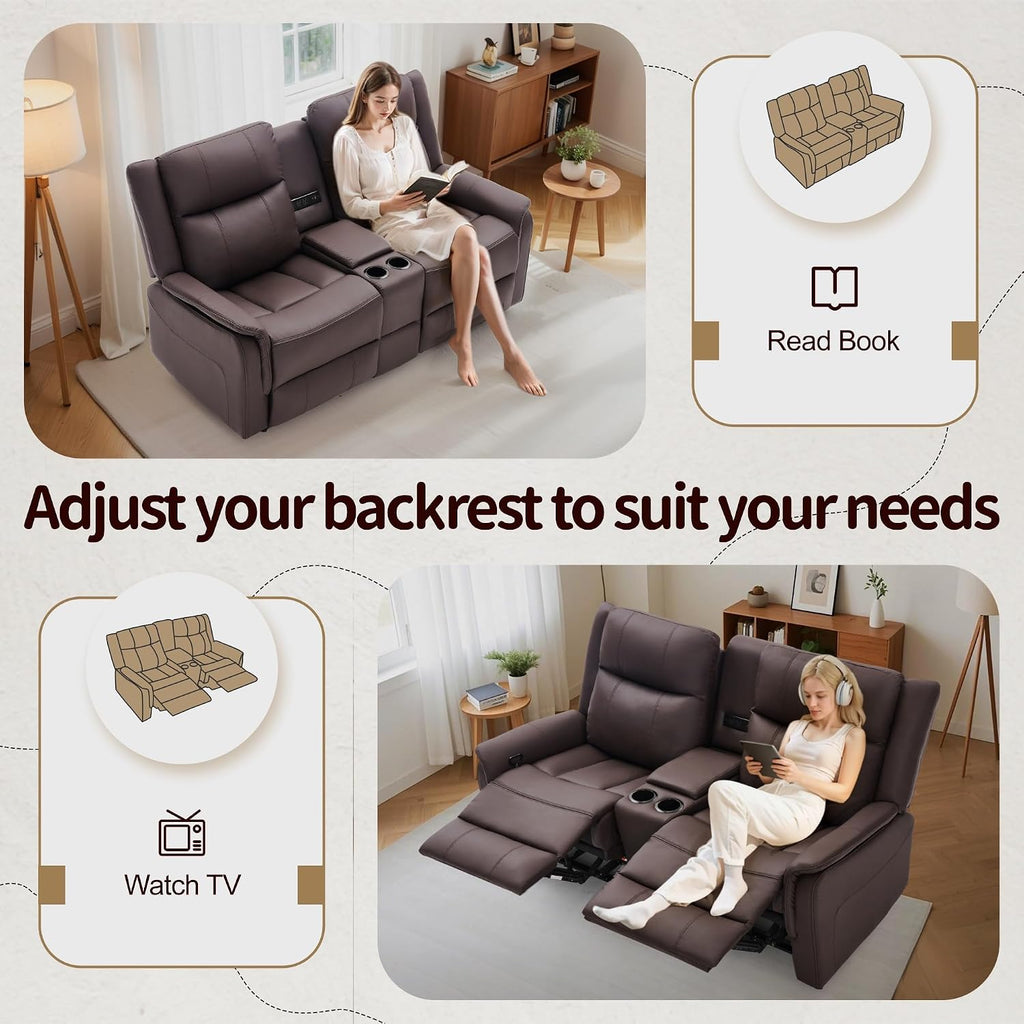 Korser Loveseat Recliner Sofa, Reclining Loveseat Couch with Manual Pull Tab, Reclining Couch with Console, USB Port, US Outlets, and Cup Holders, 2-Seater Leather Sofa for Living Room, RVs