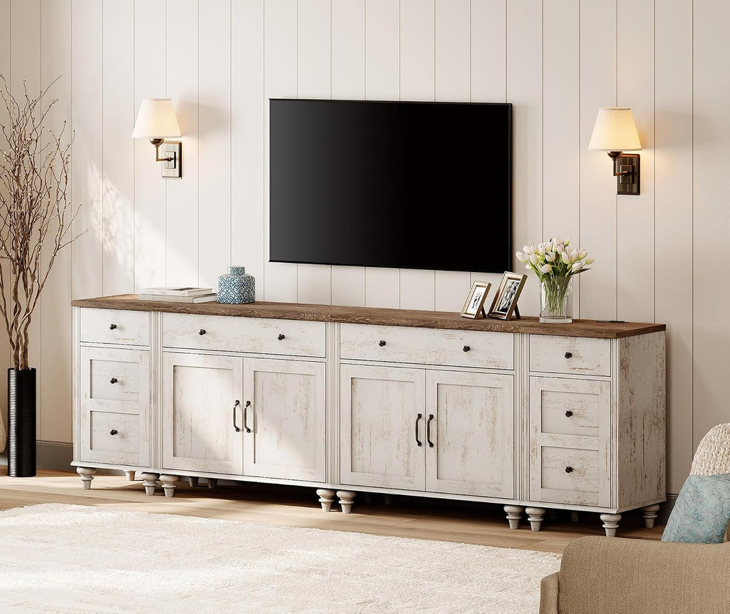 WAMPAT Farmhouse TV Stand for 100 Inch TV, 4-in-1 TV Console Table for 75/80/85/90 Inch TV, Entertainment Center with Charging Station, Kitchen Sideboard Buffet Cabinet for Dining Room, Rustic White