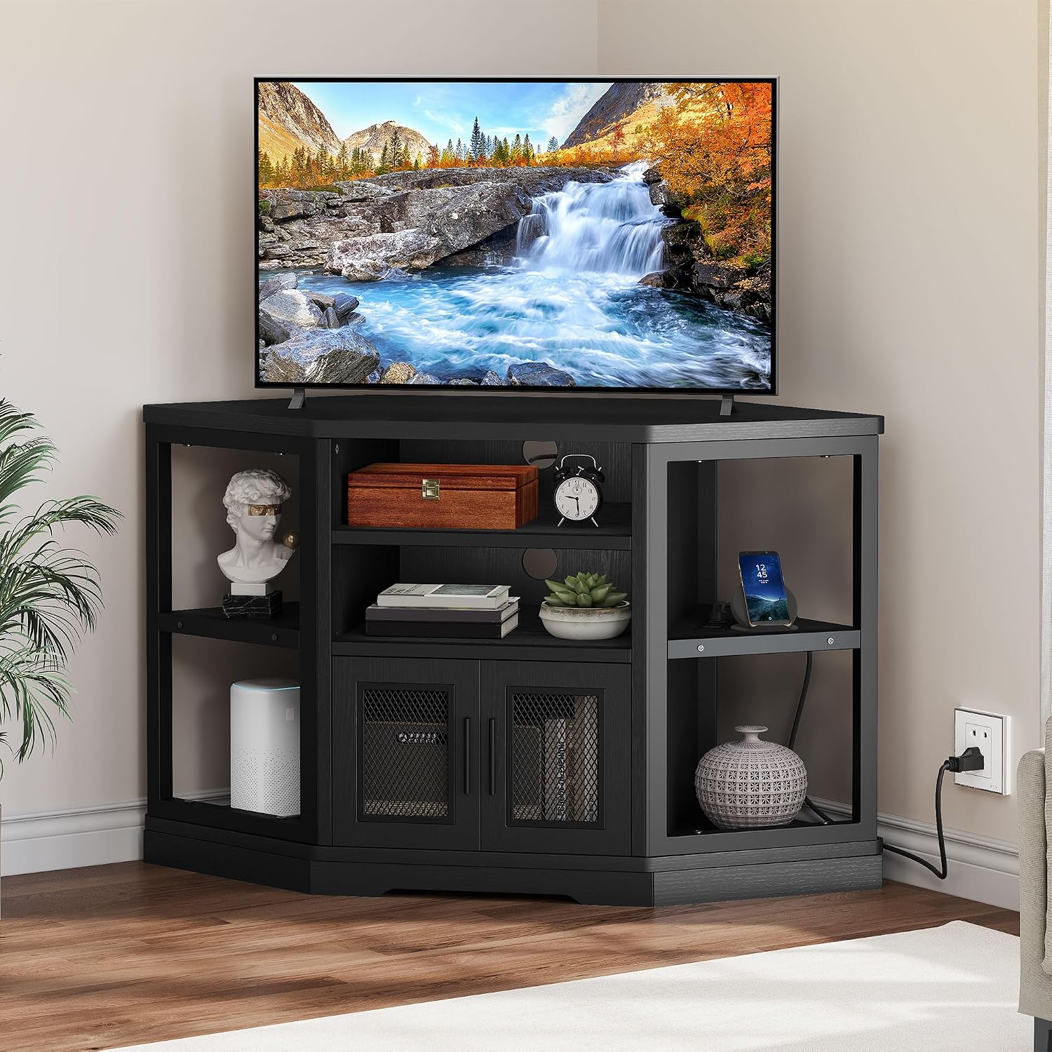DWVO Corner TV Stand for 50 Inch TV, Farmhouse TV Stands for Living Room, Black Entertainment Center with Storage & Power Outlets, Wood TV Console Cabinet, Black