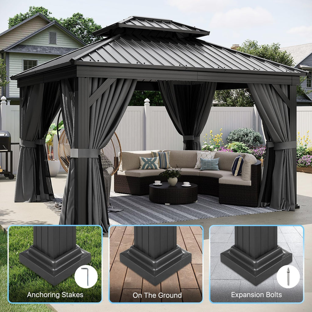 10' x 12' Gray Hardtop Gazebo, Rectangular Double Roof Metal Pavilion with Posts, Outdoor Gazebo with Curtains for Patio, Deck, and Backyard