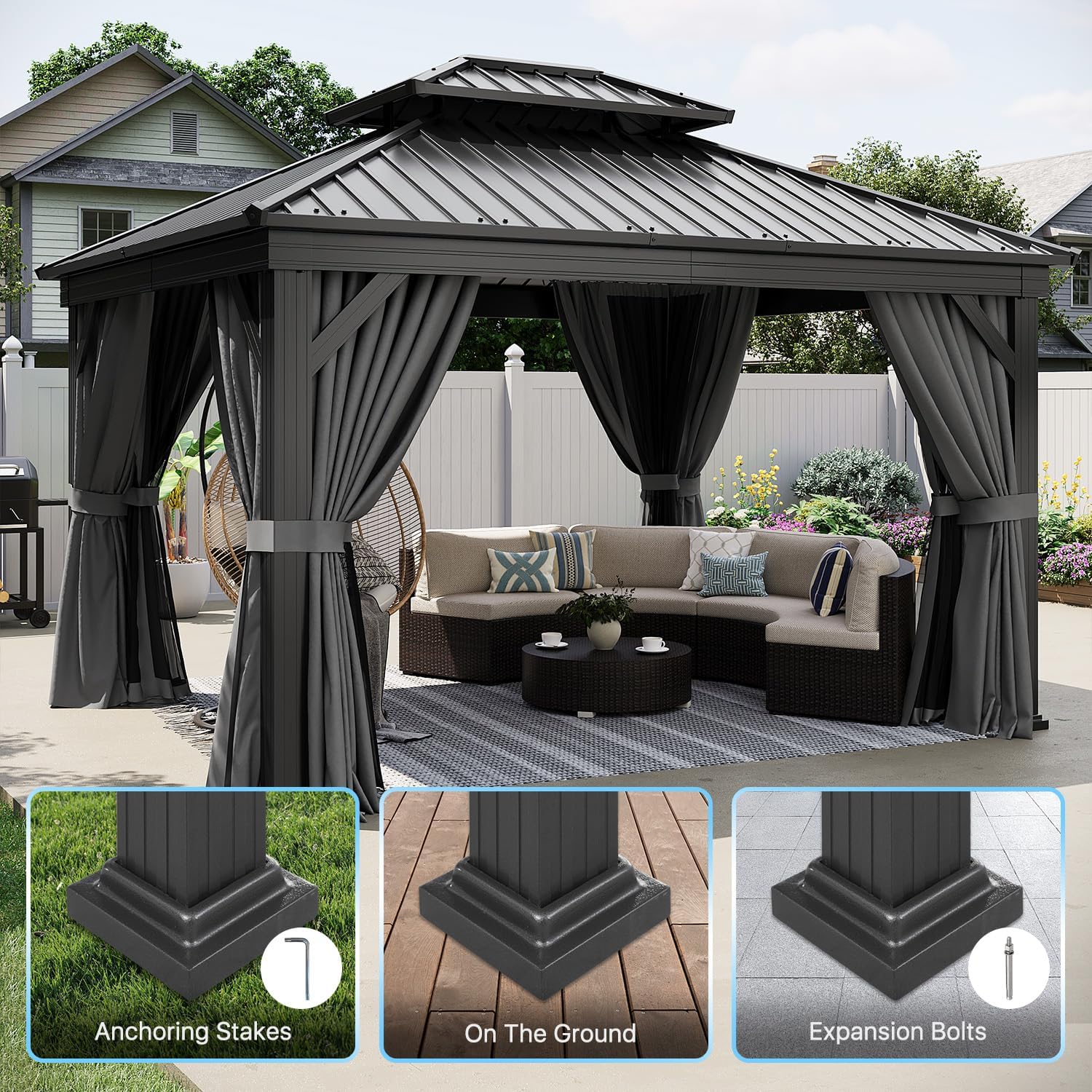 10' x 12' Gray Hardtop Gazebo, Rectangular Double Roof Metal Pavilion with Posts, Outdoor Gazebo with Curtains for Patio, Deck, and Backyard
