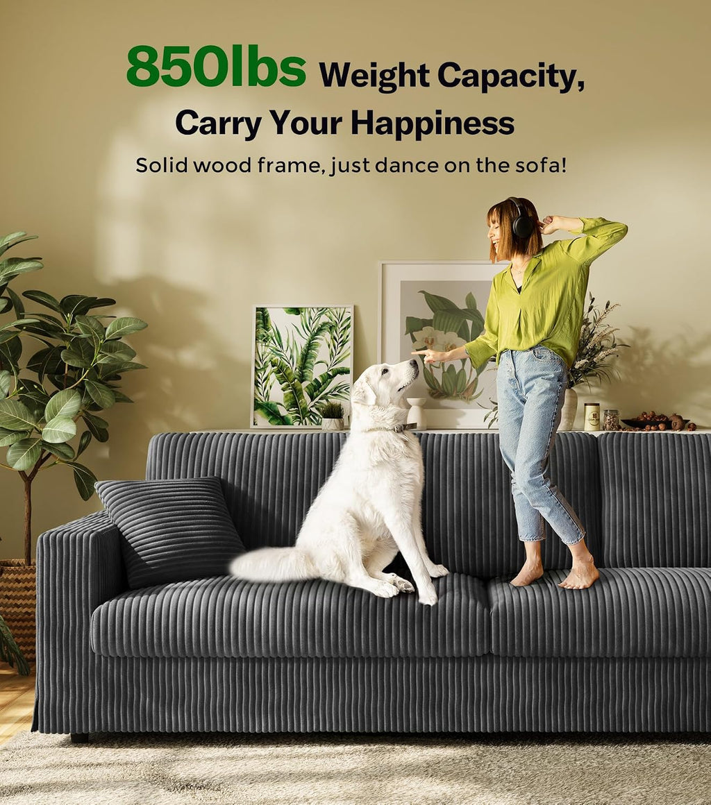 Welzona Corduroy Sofa Couch, 101' Comfy Couches for Living Room, Classic Grey | 24' Extra Deep Seat, Tool-Free Sofas, All-Wood Loveseat, 2 Pillows Included, 850lbs Load-bearing