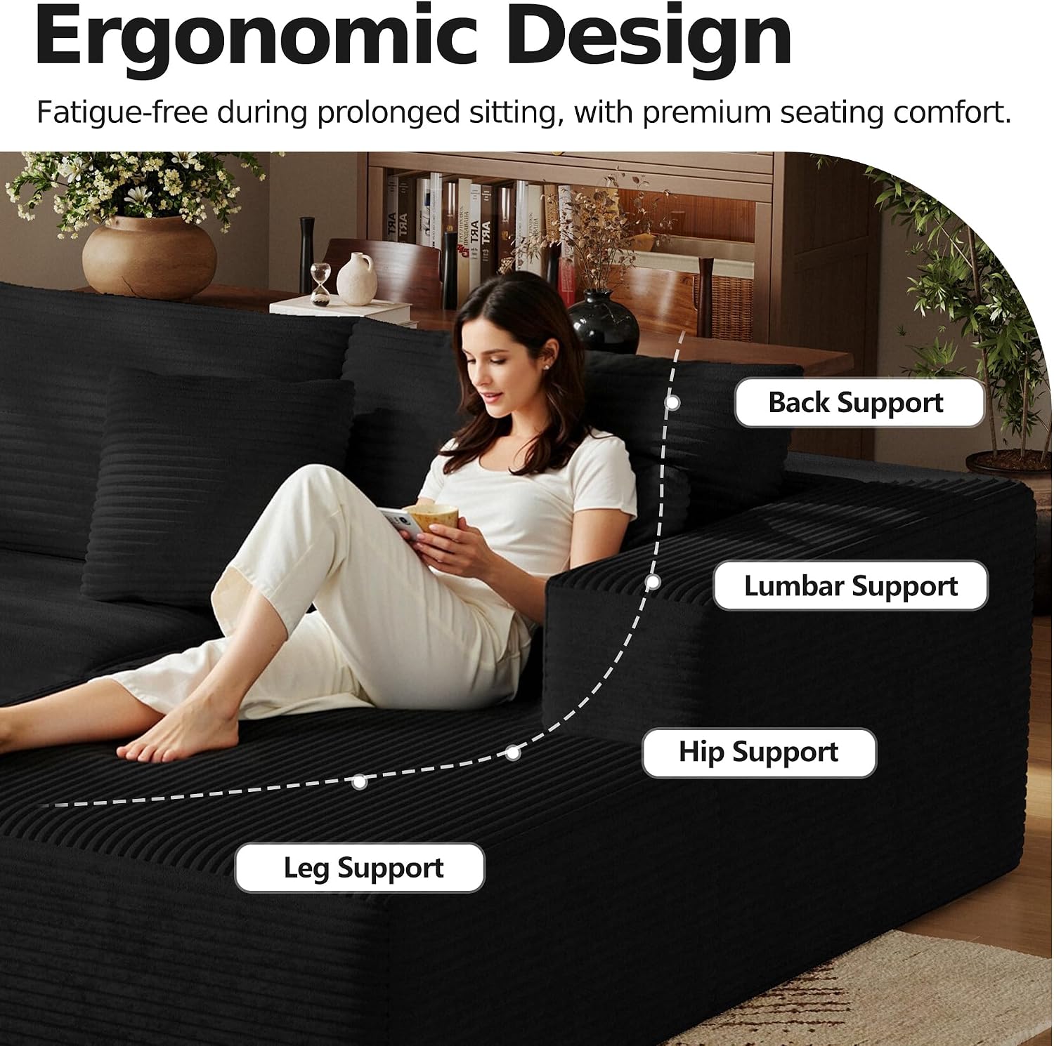 CHORRO108''Sectional Boneless Cloud Sofa,Modern Modular L-Shape Couch for Living Room,Corduroy Convertible Sponge Sleeper Sofas,Upholstered Lougne Chaise Couchs-with Soft Pillow (Black, Lshaped-Right)