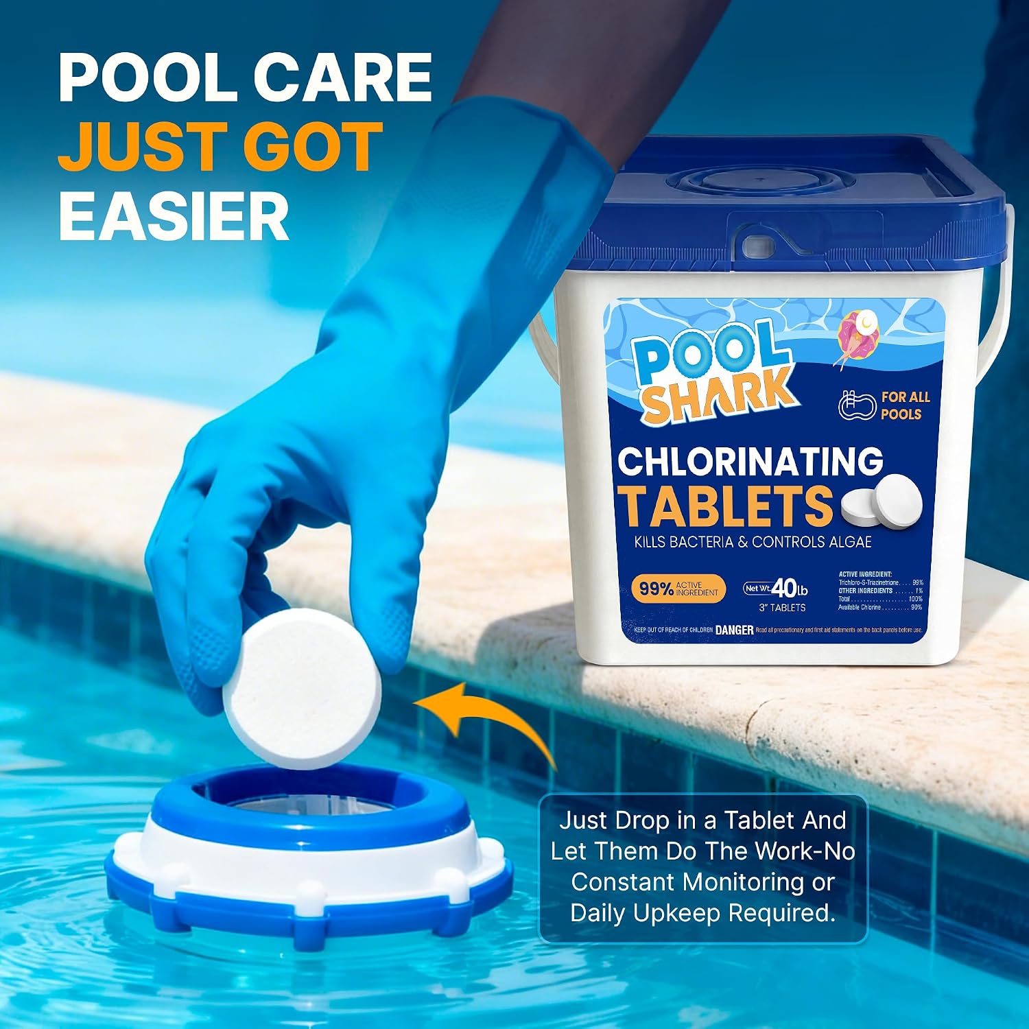 Pool Shark Swimming Pool Chlorine Tablets 80 lbs (2x40) 3-Inch Chlorine Tablets Slow-Dissolving 90% Active Chlorine Tabs Pool Chemicals for Inground Pools Above Ground Pools Saltwater Spa Hot Tub