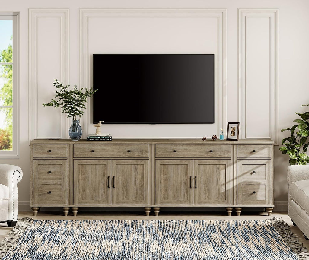WAMPAT Farmhouse TV Stand for 100 Inch TV, 4-in-1 TV Console Table for 75/80/85/90 Inch TV, Entertainment Center with Charging Station, Kitchen Sideboard Buffet Cabinet for Dining Room, Wash Grey