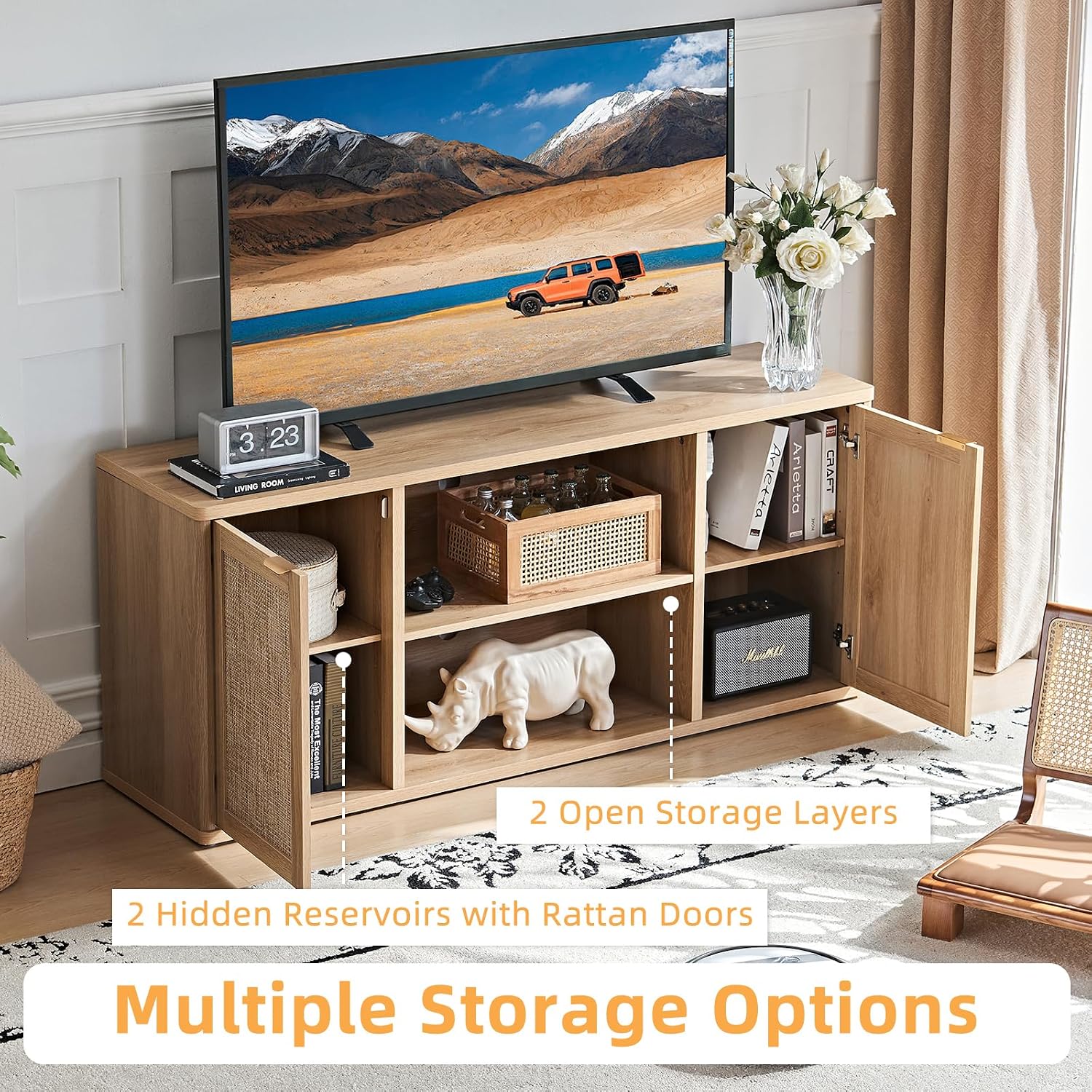 LEYAOYAO Rattan TV Stands for Living Room, Boho TV Cabinet with Storage and Open Shelf, Rustic Wood Entertainment Center, Media Console for 50-65 Inch TV, Natural Wood