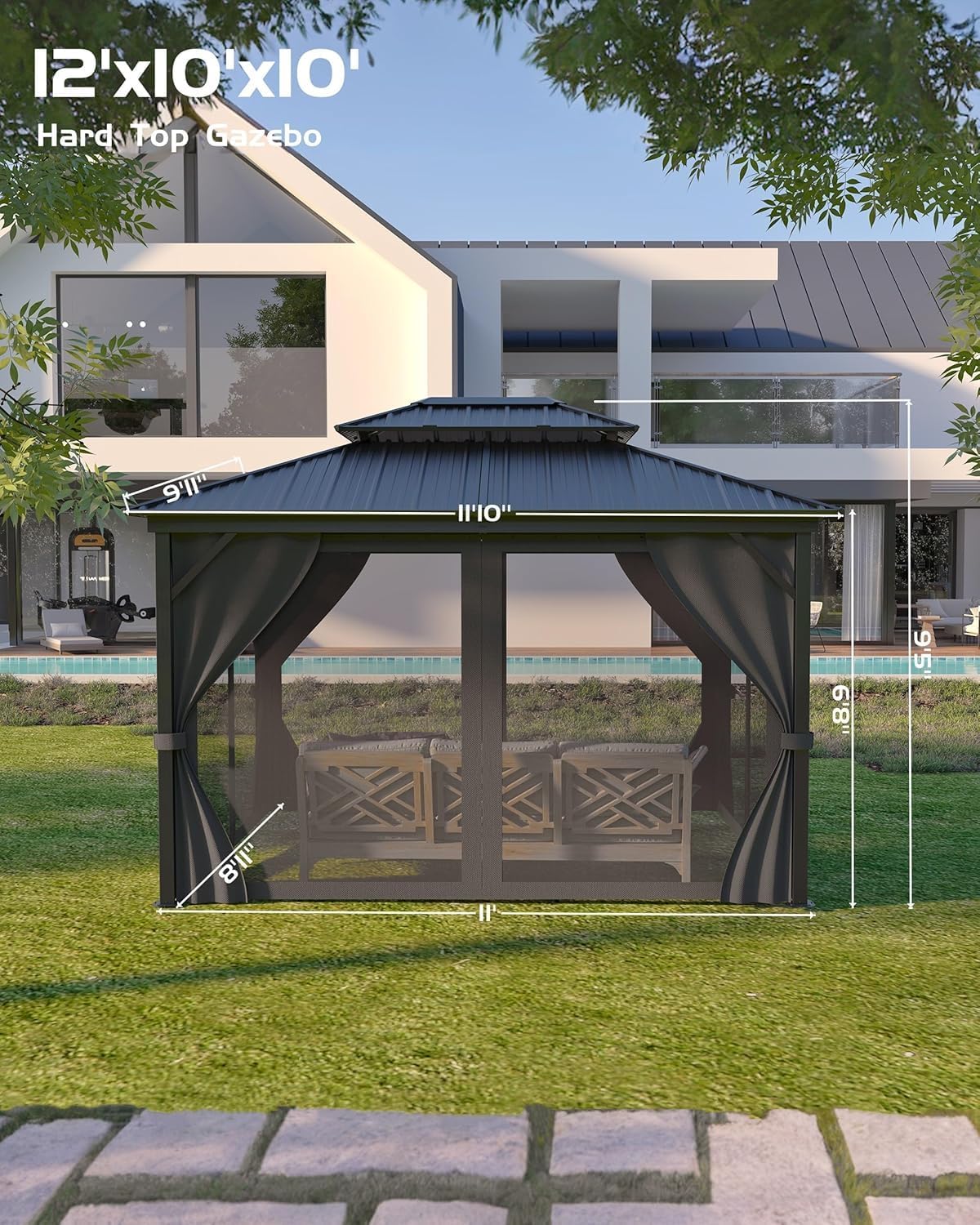 GAOMON Hardtop Gazebo 10'x12' for All Weather, with Double Metal Roof, Aluminum Alloy Frame, Net, and Curtain, Permanent Building of Backyard Luxury for Patio, Deck, Backyard, Lawn, and Garden, Gray