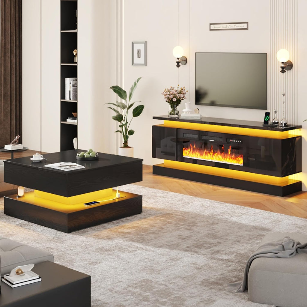 chartustriable 71IN LED TV Stands w/40 inch Fireplace Power Outlet for 85/80/75 Inch TVs,High Glossy Modern TV Media Console Gaming with 2 Storage Cabinets,Dual LED Lights,Black