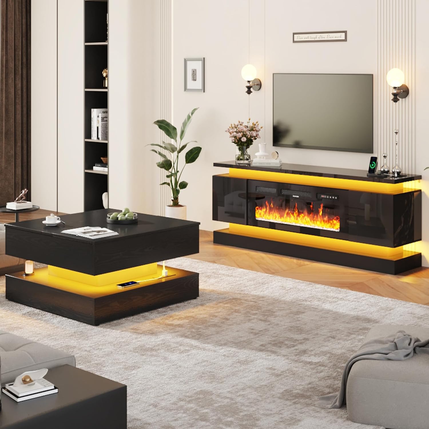 chartustriable 71IN LED TV Stands w/40 inch Fireplace Power Outlet for 85/80/75 Inch TVs,High Glossy Modern TV Media Console Gaming with 2 Storage Cabinets,Dual LED Lights,Black
