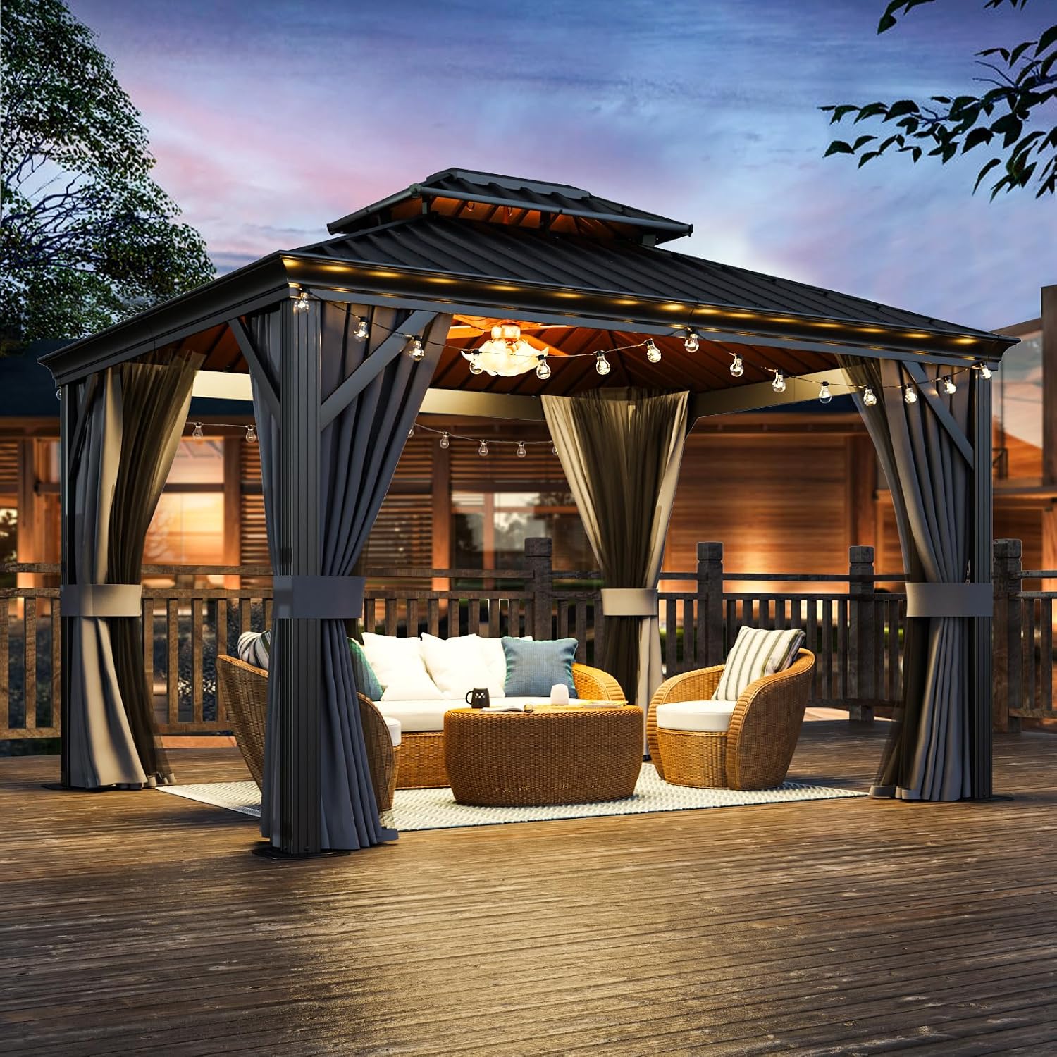 10' x 12' Permanent, Galvanized Steel Double Top, Hardtop Aluminum Frame Gazebo, Outdoor Metal Gazebo with Curtains and Netting, for Decks, Lawns, Parties, Parties