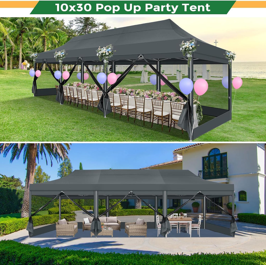 COBIZI 10x30 Heavy Duty Pop Up Canopy Tent with 8 Sidewalls, Easy Set Up Outdoor Waterproof Screen Commercial Party Tent with Mosquito Netting for Parties Backyard Patio, Roller Bag, Gray