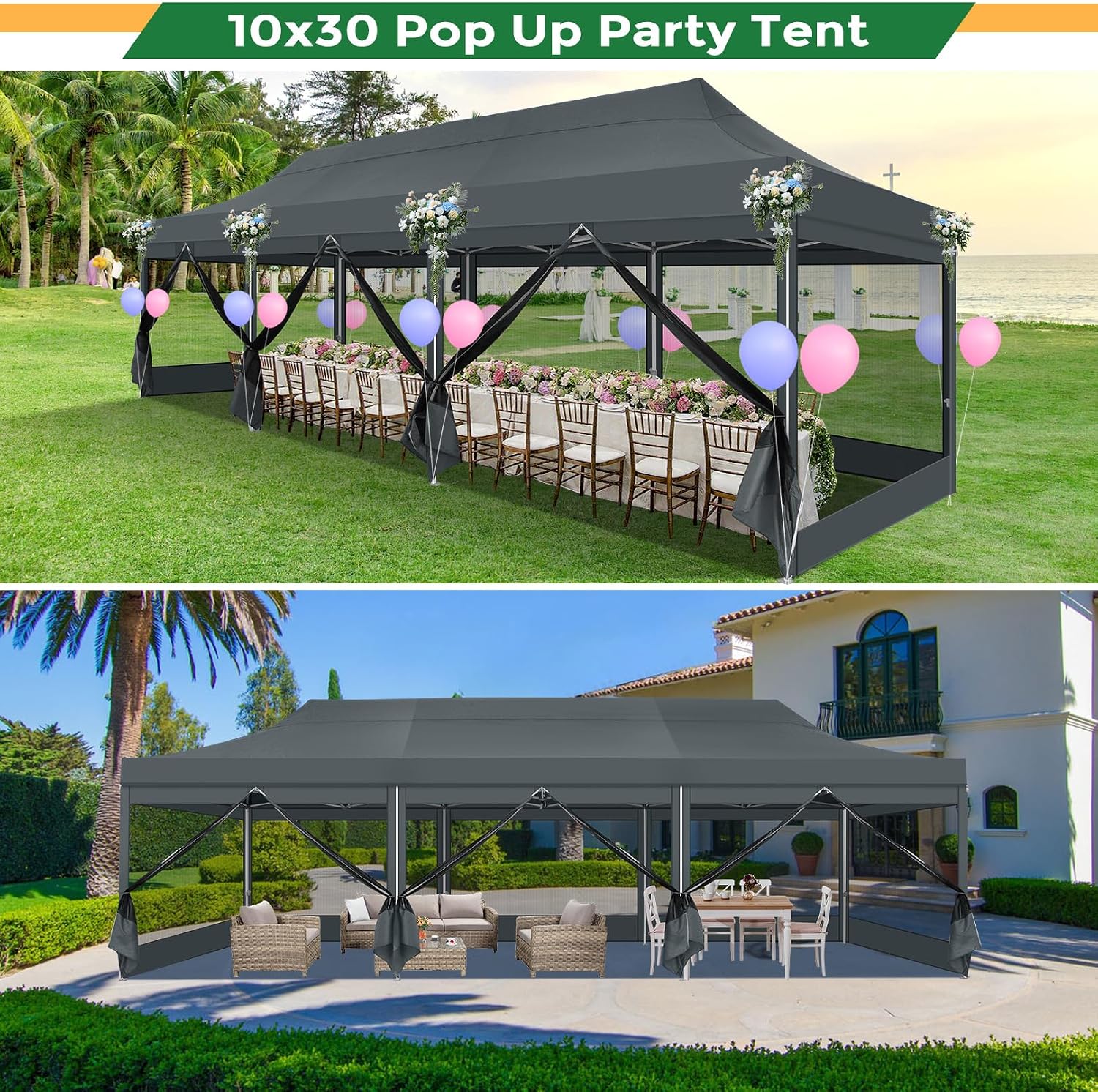 COBIZI 10x30 Heavy Duty Pop Up Canopy Tent with 8 Sidewalls, Easy Set Up Outdoor Waterproof Screen Commercial Party Tent with Mosquito Netting for Parties Backyard Patio, Roller Bag, Gray