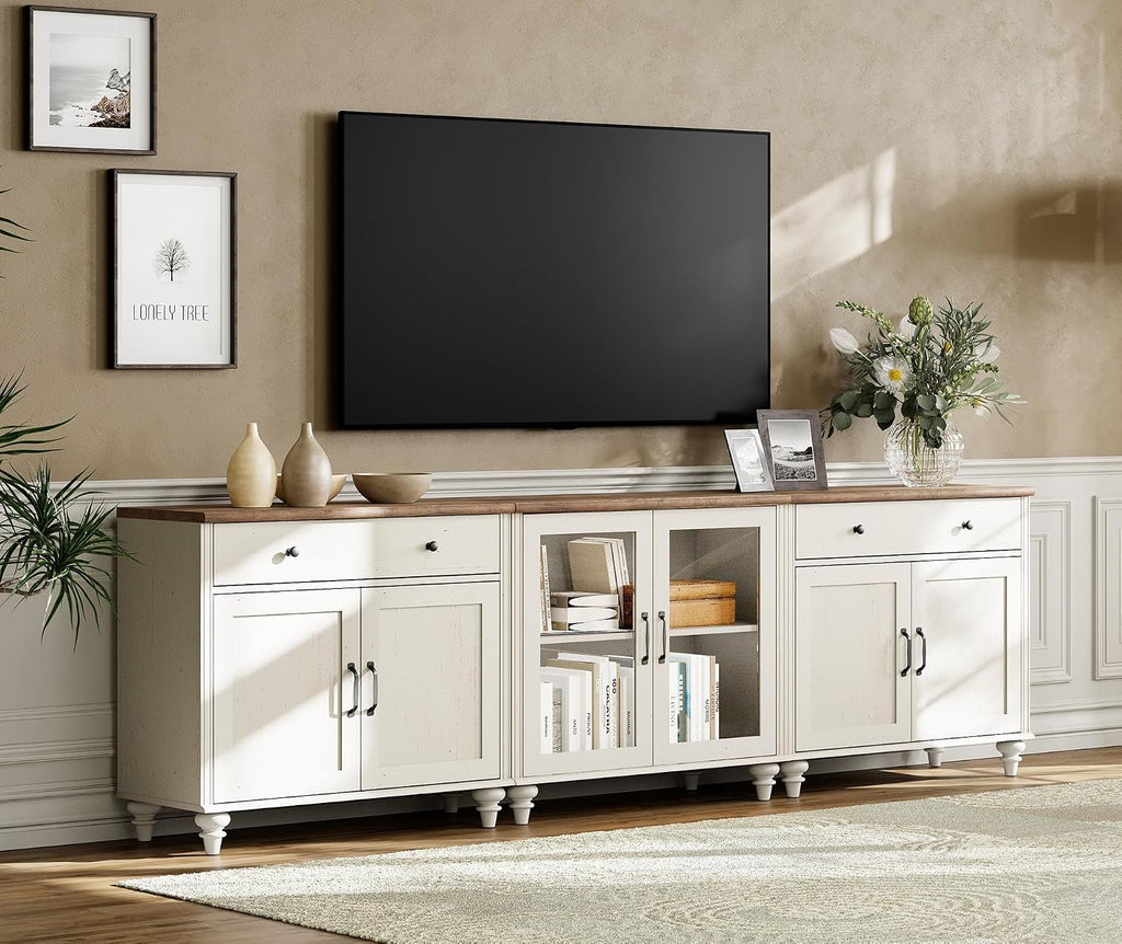 WAMPAT Farmhouse TV Stand for 100 Inch TV, 3-in-1 Wooden TV Console Table for 75/80/85/90 Inch TV, Entertainment Center with Glass Door, Kitchen Sideboard Buffet Cabinet for Dining Room, Off White