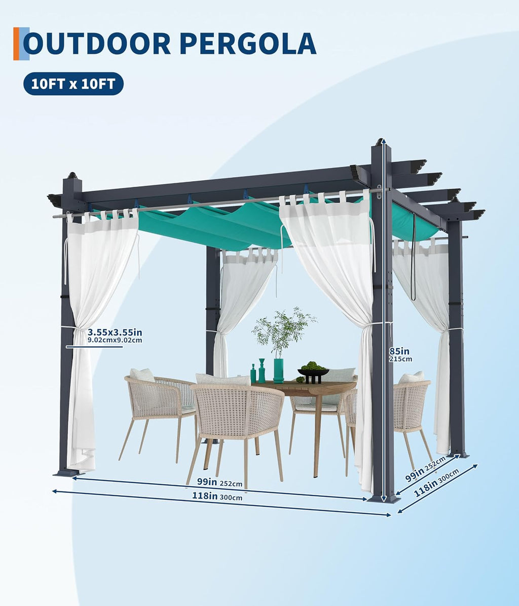 GarveeLife 10x10 ft Aluminum Pergola, Outdoor Metal Gazebo with Adjustable Canopy, Reinforced Frame Outdoor Shelter for Backyard, Patio, Garden and Deck - Blue with Curtains and Mosquito Netting