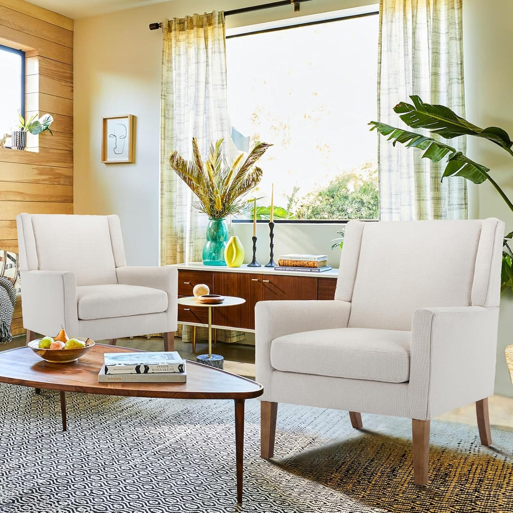 COLAMY Modern Wingback Living Room Chair, Upholstered Fabric Accent Armchair, Single Sofa Chair with Lounge Seat and Wood Legs for Office/Bedroom/Reading Spaces, Beige