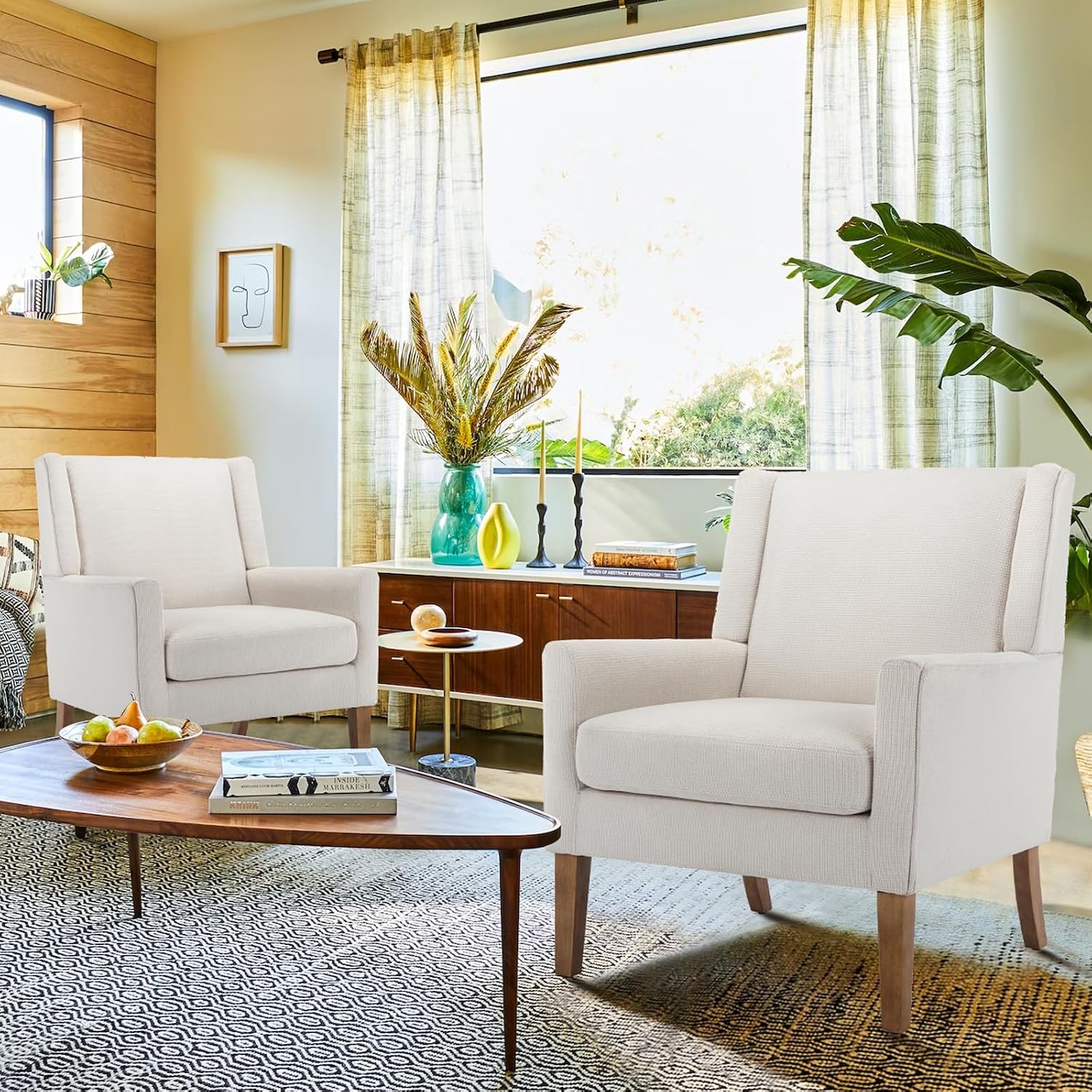COLAMY Modern Wingback Living Room Chair, Upholstered Fabric Accent Armchair, Single Sofa Chair with Lounge Seat and Wood Legs for Office/Bedroom/Reading Spaces, Beige