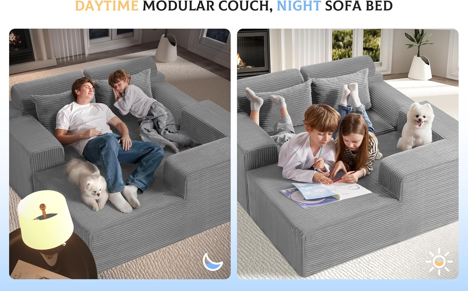 Homguava Modular Sectional Couches for Living Room,105' Cloud Couch with L-Shape Chaise,Comfy Sofa Living Room Sofas with Deep Seat,No Assembly L Couch,Corduroy Fabric(Light Grey,R)