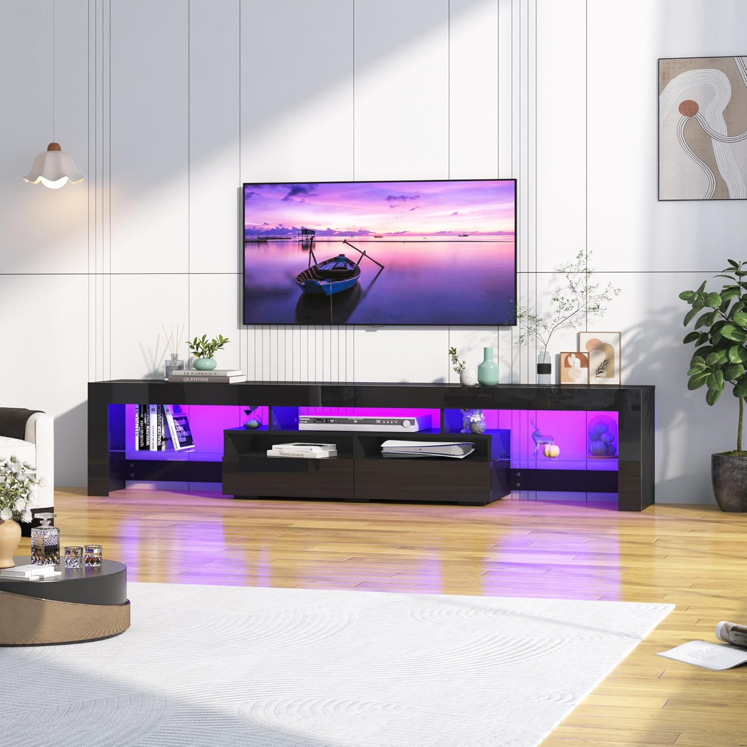Uspeedy 86.6in TV Stands for 85/90/95 inch TV,Modern LED TV Stand for Living Room,Black TV Stands,High Gloss TV Entertainment Center with Storage Drawer,APP RGB Light