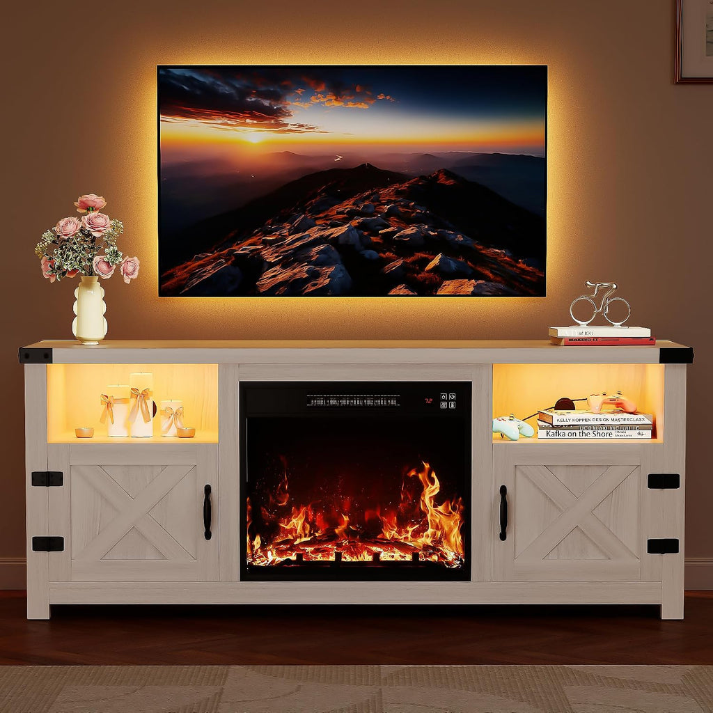 YESHOMY LED Fireplace TV Stand with Mood Lighting, TV Cabinet with Open Shelf, Farmhouse Media Console with Hidden Cable Routing, Entertainment Center for Televisions up to 65+ Inch, White
