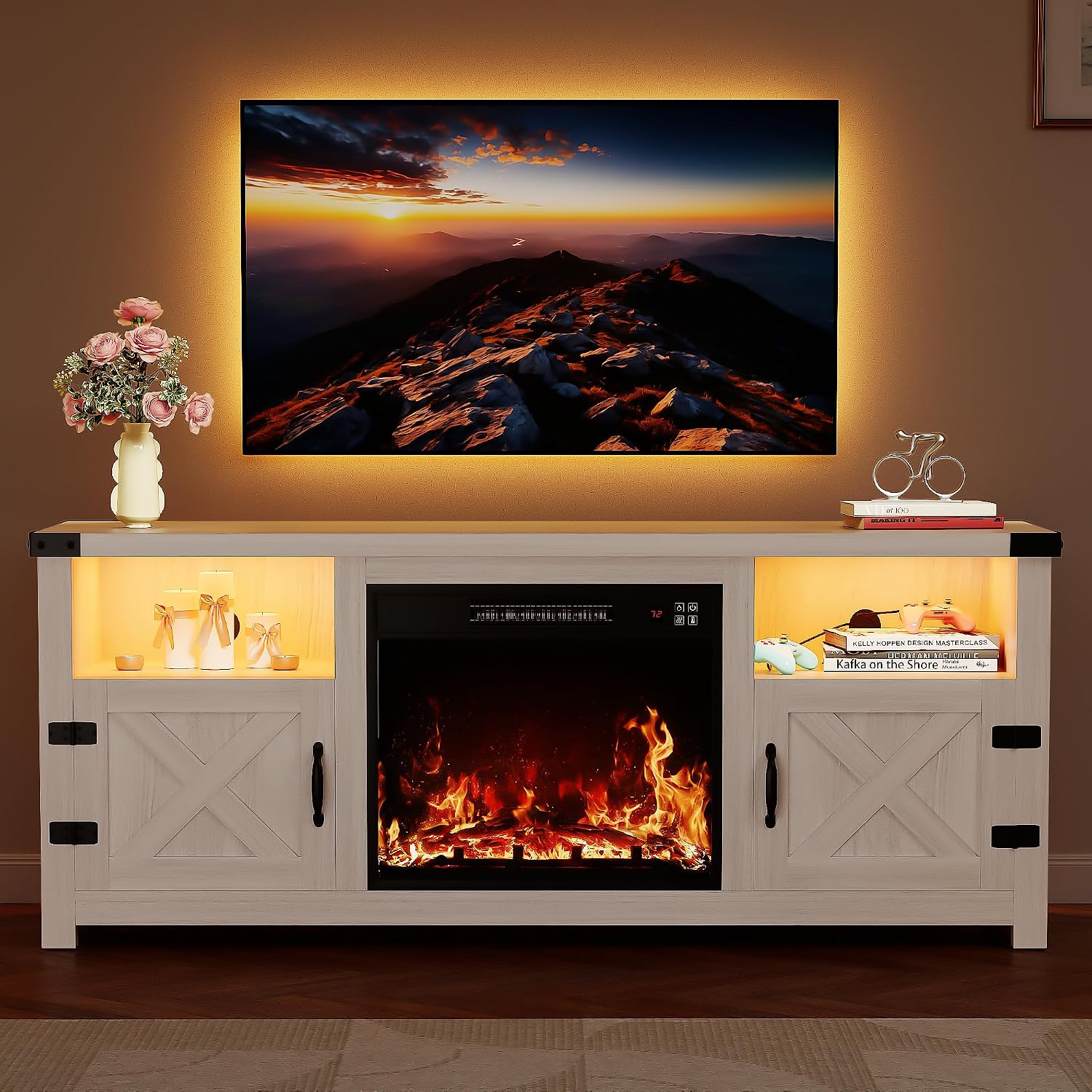 YESHOMY LED Fireplace TV Stand with Mood Lighting, TV Cabinet with Open Shelf, Farmhouse Media Console with Hidden Cable Routing, Entertainment Center for Televisions up to 65+ Inch, White