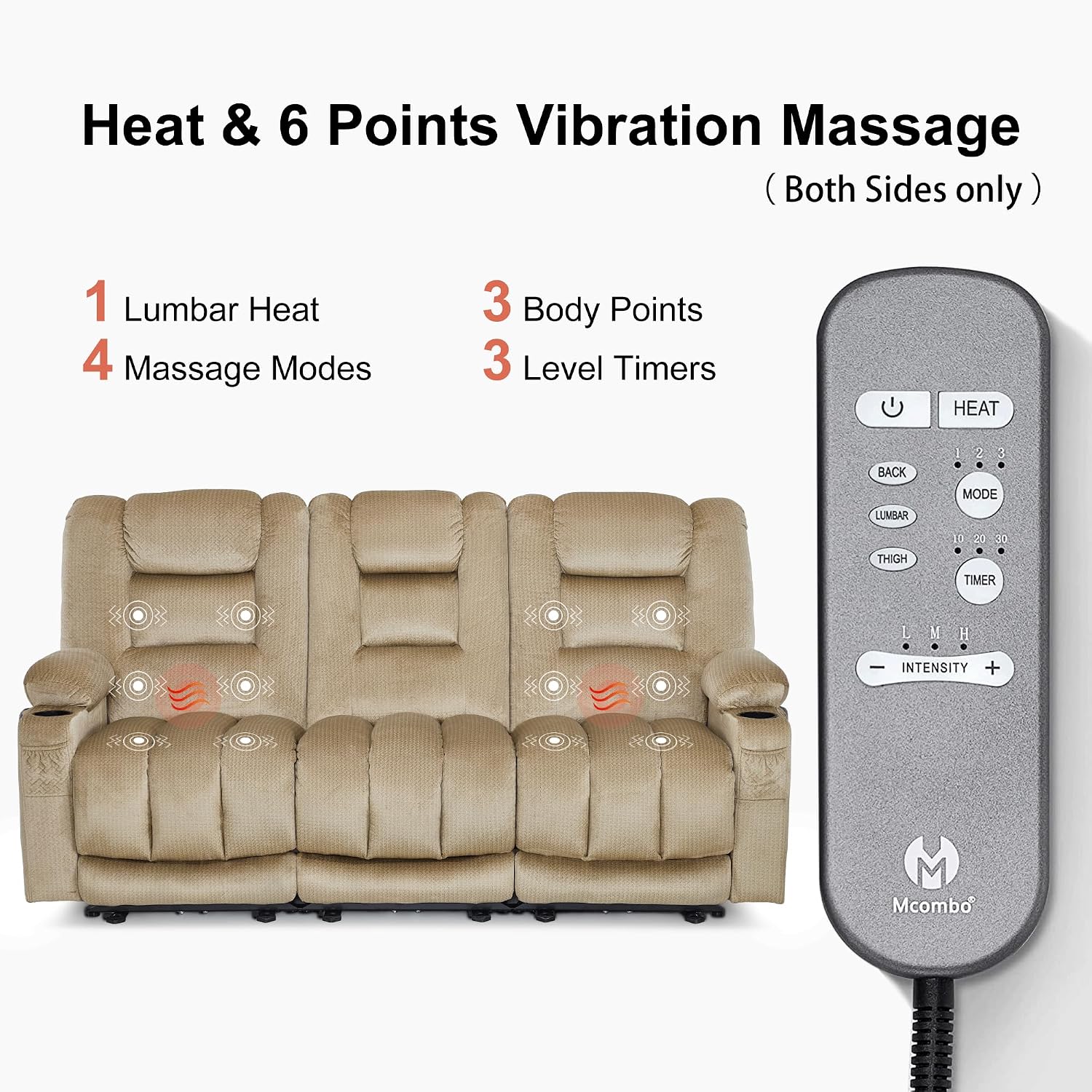 MCombo Zero Gravity Power Reclining Sofa with Heat and Vibration Massage, 3 Seater Reclining Couch with USB Ports, Cup Holders for Living Room, Fabric PR648SET (Beige)