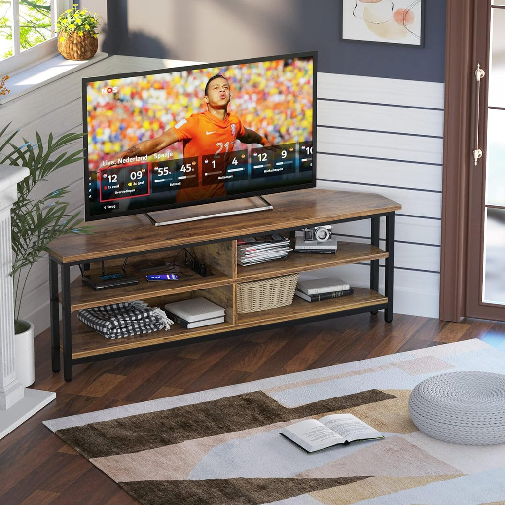 Unikito 55'' Corner TV Stand with Power Outlet, Corner Entertainment Center TV Console Table with 4 Open Storage Shelves, Metal Frame for Living Room, Bedroom, Industrial 60'' Corner TV Stand, Rustic