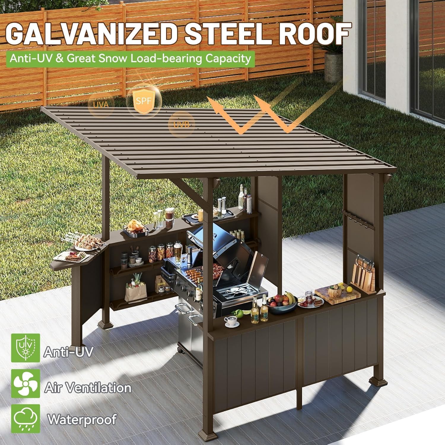 GOWE 9X10FT Hardtop Grill Gazebo, Lean to Outdoor BBQ Gazebo with Storage Shelves and Expansion Platform, Galvanized Steel Permanent Hard top Grill Canopy for Patio Backyard Lawn Garden -Brown