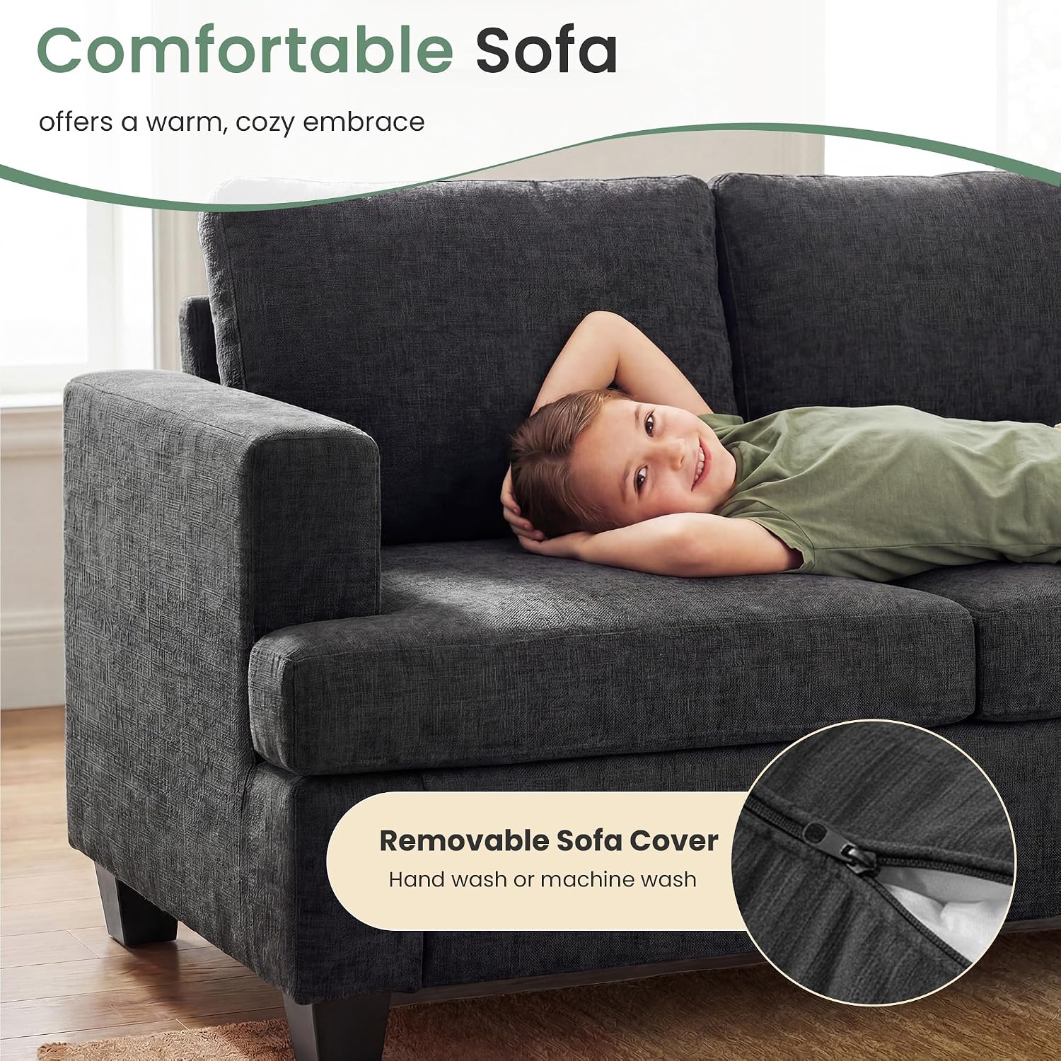 YOUDENOVA 2 Piece Set Comfy Sofa Couch, 3 Seater & Loveseat Sofa with Deep Seats, Modern Sleeper Couch for Living Room, Dark Grey Chenille