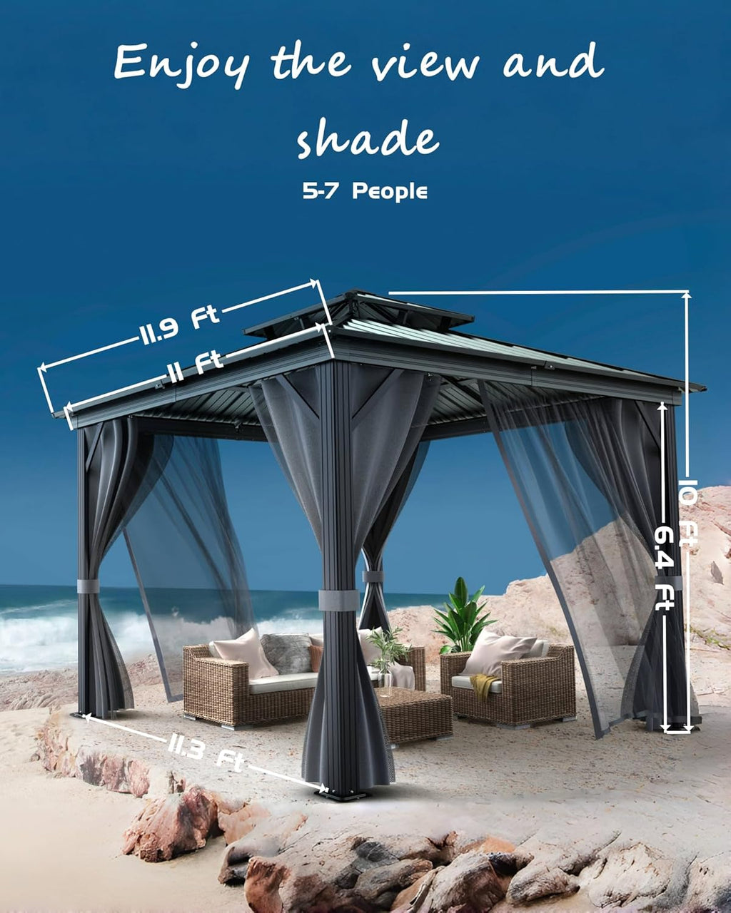 GarveeLife Hardtop Gazebo 12 ft x12 ft for All Weather, with Double Metal Roof, Aluminum Alloy Frame, Net, and Curtain, Permanent Building for Patio, Deck, Backyard, Lawn, and Garden, Gray