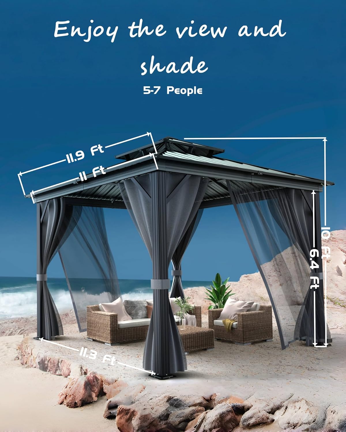 GarveeLife Hardtop Gazebo 12 ft x12 ft for All Weather, with Double Metal Roof, Aluminum Alloy Frame, Net, and Curtain, Permanent Building for Patio, Deck, Backyard, Lawn, and Garden, Gray