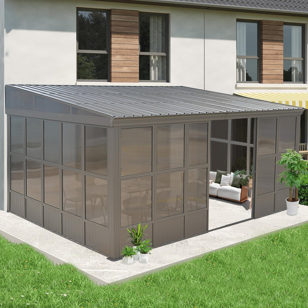Domi 12x16FT Wall-Mounted Sunroom Gazebo, Aluminum Solarium with Galvanized Steel Sloping Roof, Detachable PC Screens, Front & 2 Side Sliding Doors, Outdoor Sun Room Lean to Gazebo for Patio Deck Lawn