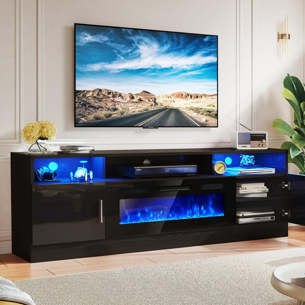 MXV 78' Fireplace TV Stand with Power Outlet for TVs UP to 90', Electric Fireplace Entertainment Center with LED Lights & Storage Cabinets, TV Console for Living Room, Office, Black-Black