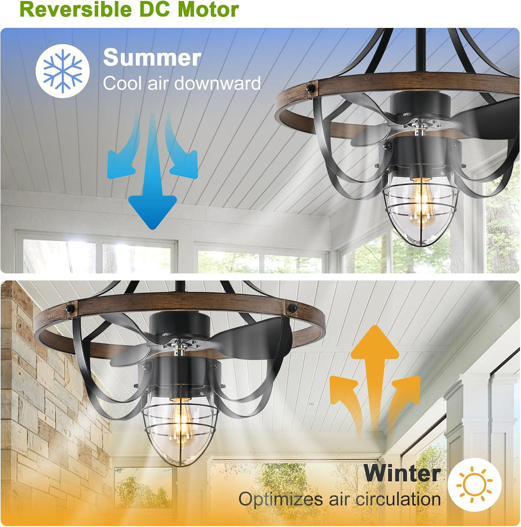 Garwarm Waterproof Outdoor Ceiling Fan with Lights and Remote,IP44 Black Outdoor/Indoor Ceiling Fans for Patios 6-Speed DC Motor, Farmhouse Gazebo Fan for Porch Pavilion
