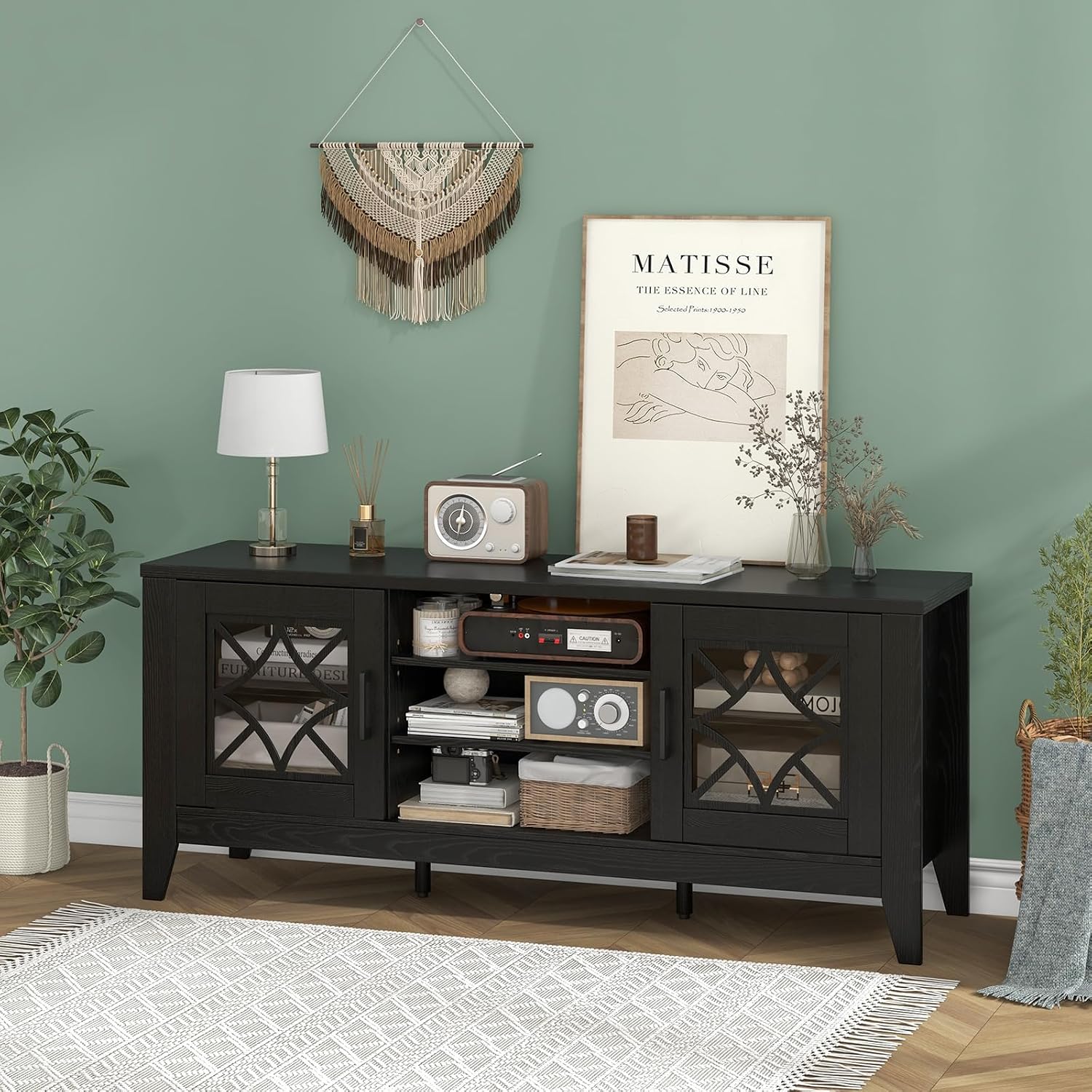 Tangkula Farmhouse TV Stand for TVs Up to 65-in, Classic Media Entertainment Center w/Glass Door Cabinets & 4 Adjustable Shelves, Modern TV Console Table w/ 3 Cable Holes for Living Room (Black)