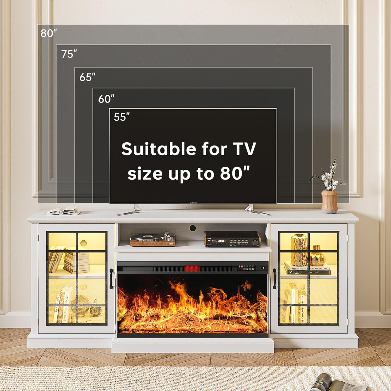 oneinmil 80'' Fireplace TV Stand with 3-Sided Glass, TV Cabinet for TVs up to 85', 80'' Modern Media Entertainment Center with Farmhouse Glass Door Storage Cabinets