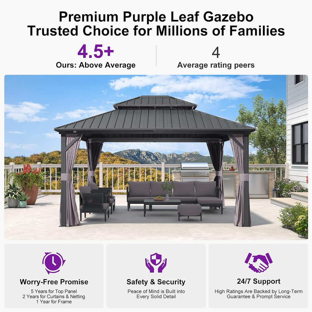 PURPLE LEAF 12'x14' Hardtop Gazebo with Lights Double Roof on Galvanized Steel Frame Outdoor Pavilion Including Netting and Curtains for Patio Garden Deck Grey