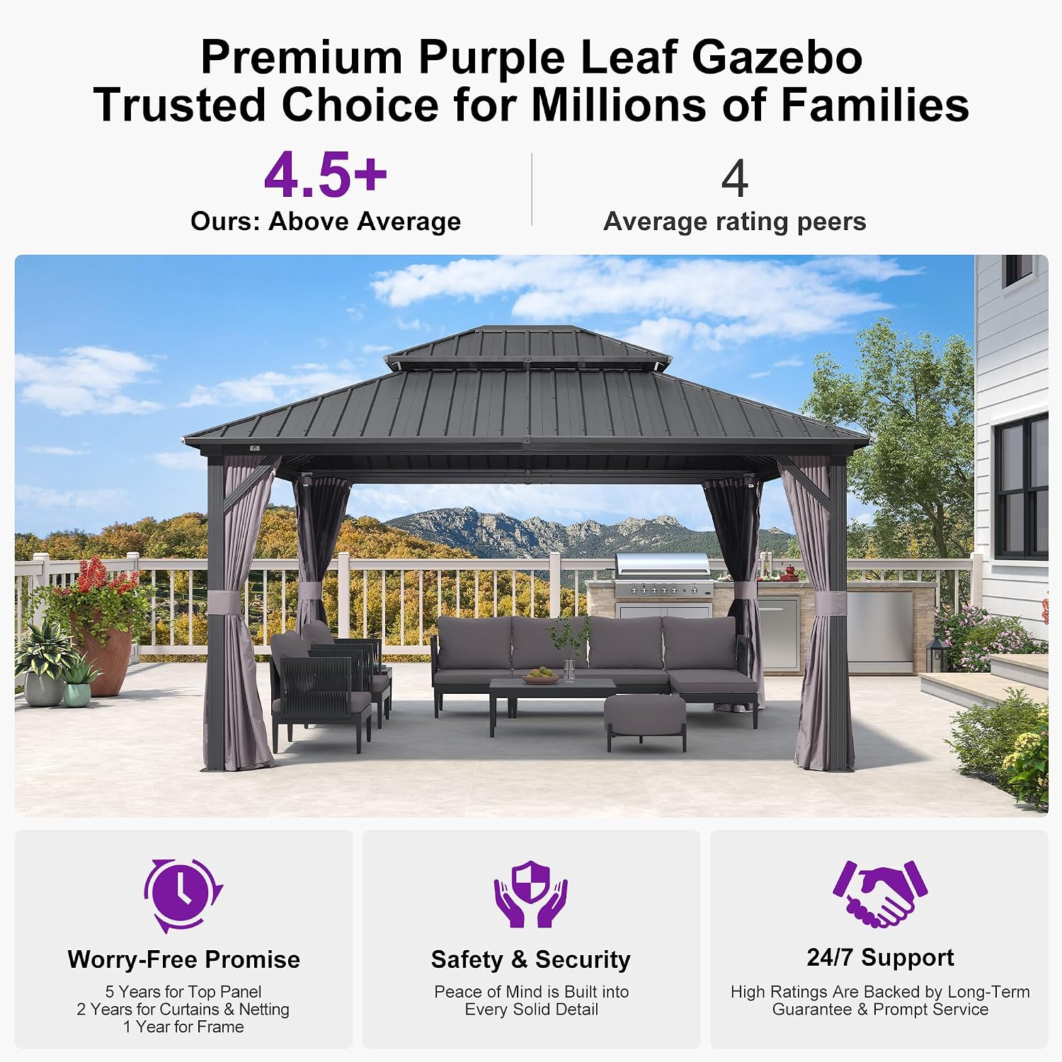 PURPLE LEAF 12'x14' Hardtop Gazebo with Lights Double Roof on Galvanized Steel Frame Outdoor Pavilion Including Netting and Curtains for Patio Garden Deck Grey