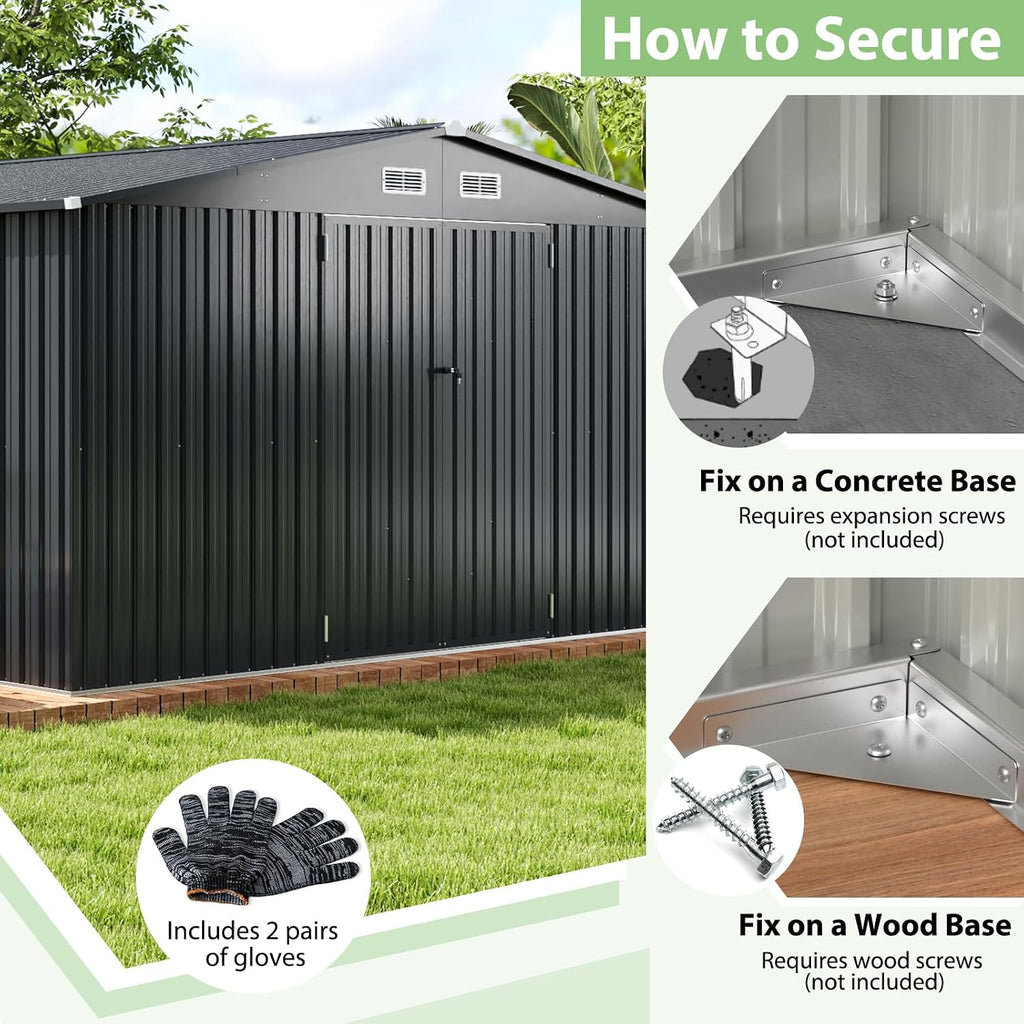 Goplus 12 x 9.8 FT Outdoor Storage Shed, All-Weather & Rustproof Galvanized Metal Utility Tool Shed w/Lockable Door, Pitched Roof, Windows, Backyard Lawn Garden Storage House for Bike Tool Lawnmower