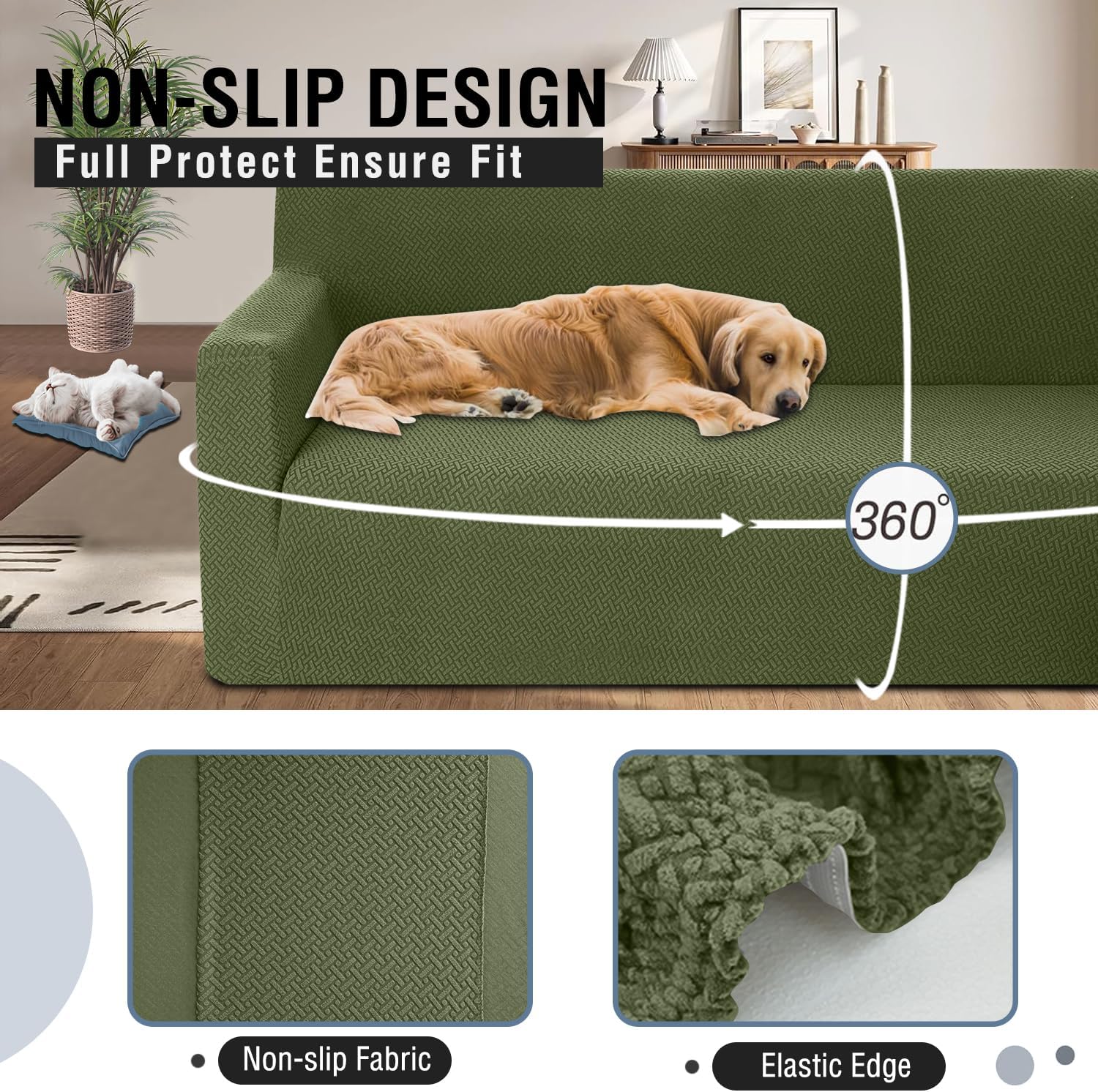 ALIECOM Stretch Corner Sectional Couch Covers L Shape Sofa Covers Washable Sectional Slipcovers U Shape Jacquard Living Room Pet Dogs Furniture Protector with Elastic Bottom (Avocado Green, Middle)