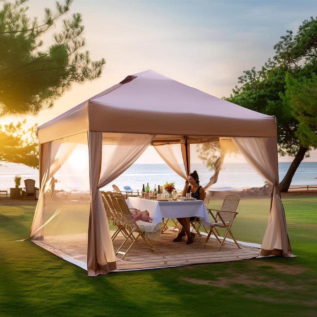 PHI VILLA 10 x 10 Pop Up Canopy Tent with Netting, Instant Gazebo, Ez up Screen House Room with Carry Bag, Height Adjustable, for Outdoor, Garden, Patio,Brown